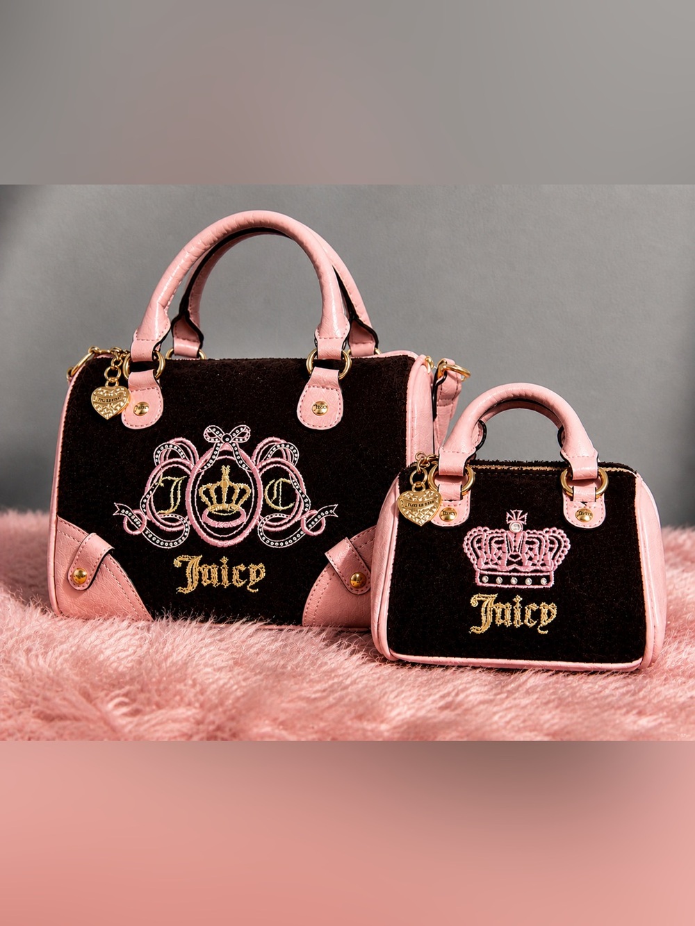 Juicy Couture Pink Brown Velour Mommy & Me  Crown Satchel Mini Barrel